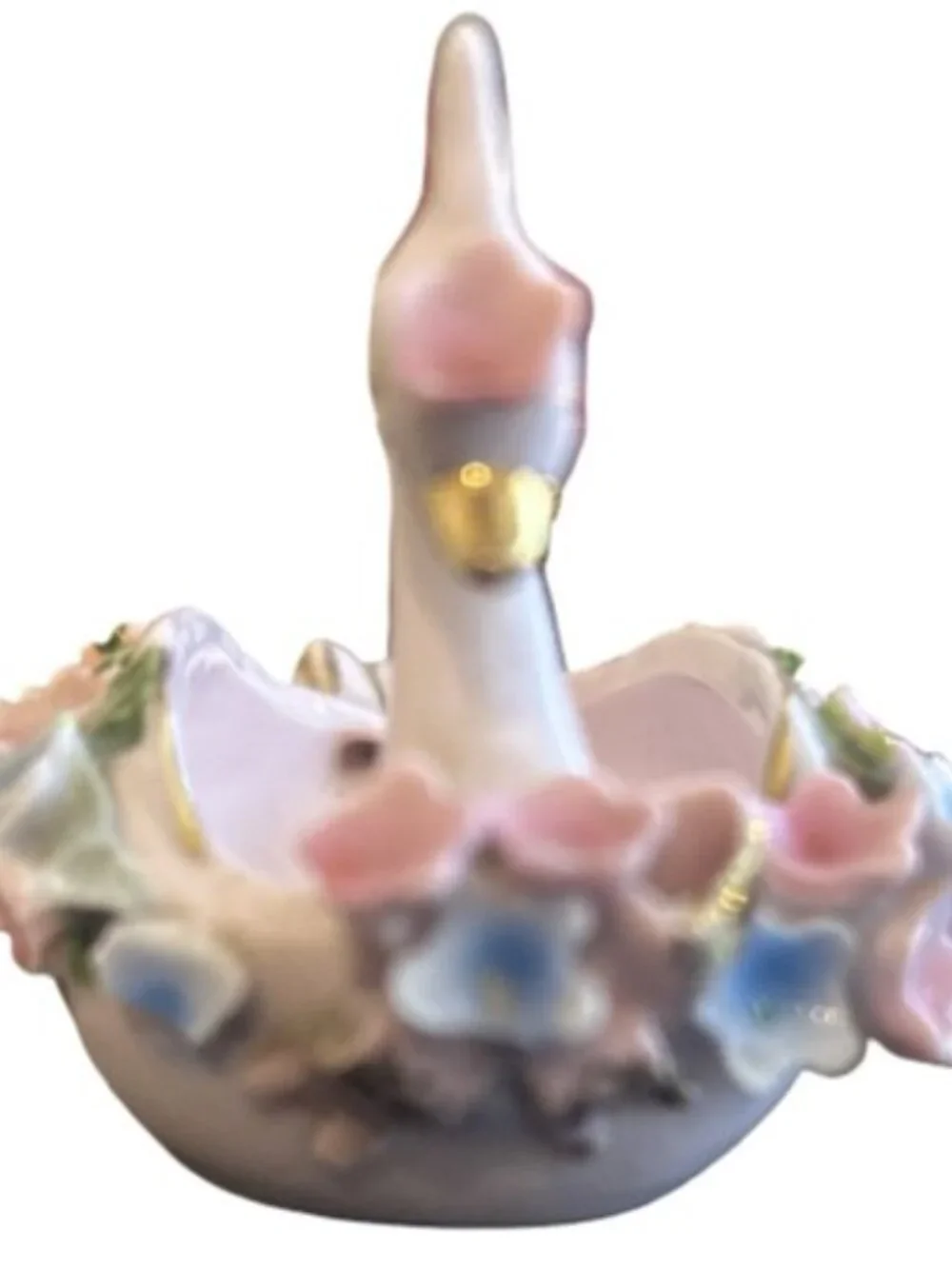 Japan Vintage Porcelain Swan Trinket Dish Planter Gold Trim 3D Pink Blue